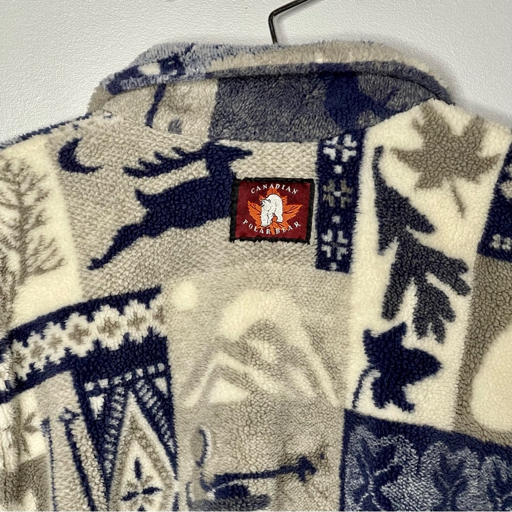 Vintage 90s Northern Teddy Sherpa Fleece Zip Up Print Sweater Jacket L - Picture 5 of 6